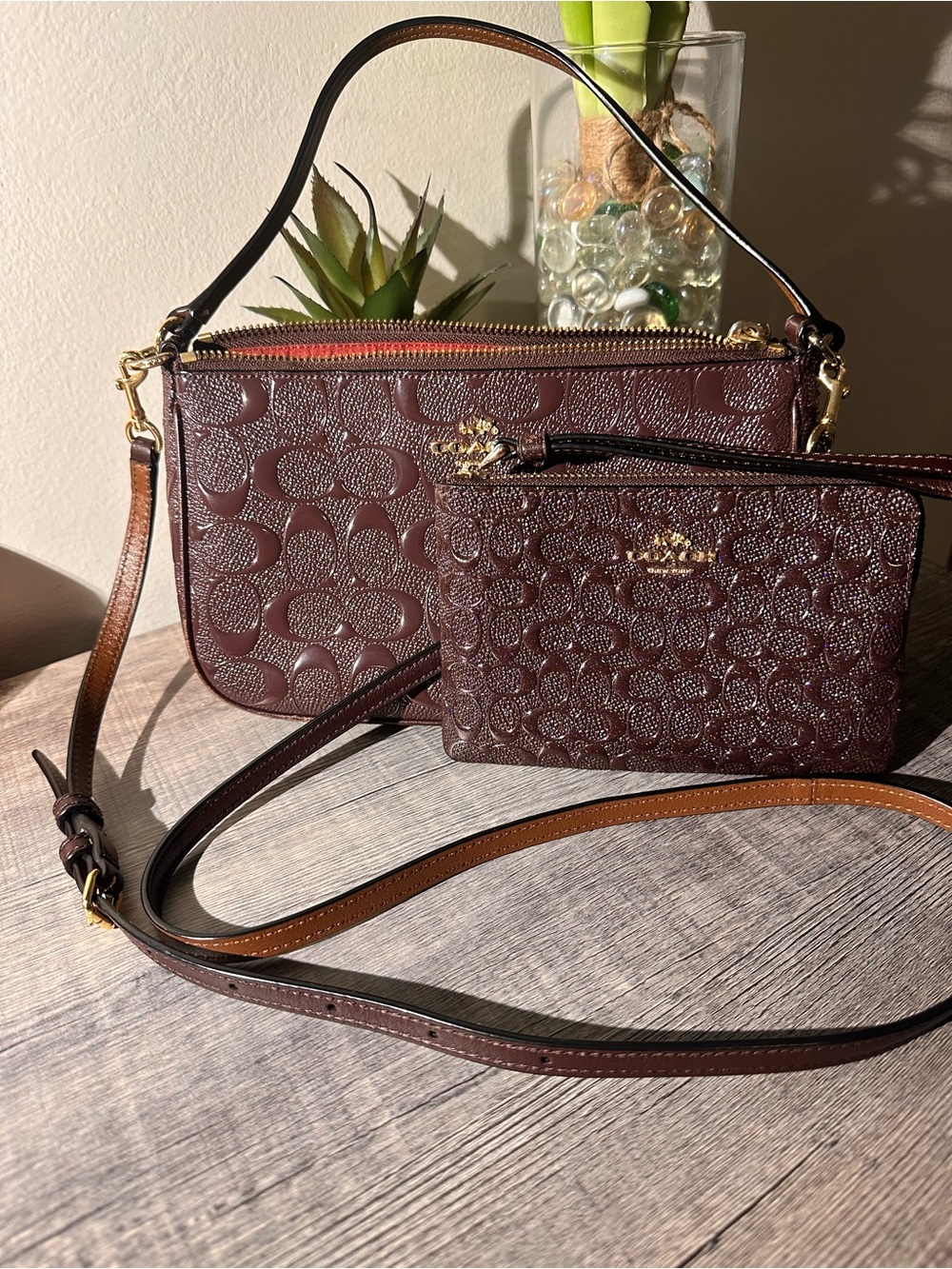 Coach Signature Pebbled Leather Double Pouch Crossbody in Mahogany